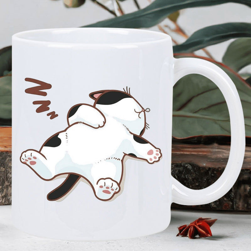 Tailorly White Ceramic 11 oz Mug - Zzz Adorable Round White Feline With Black Patches Napping On Its Back Cat