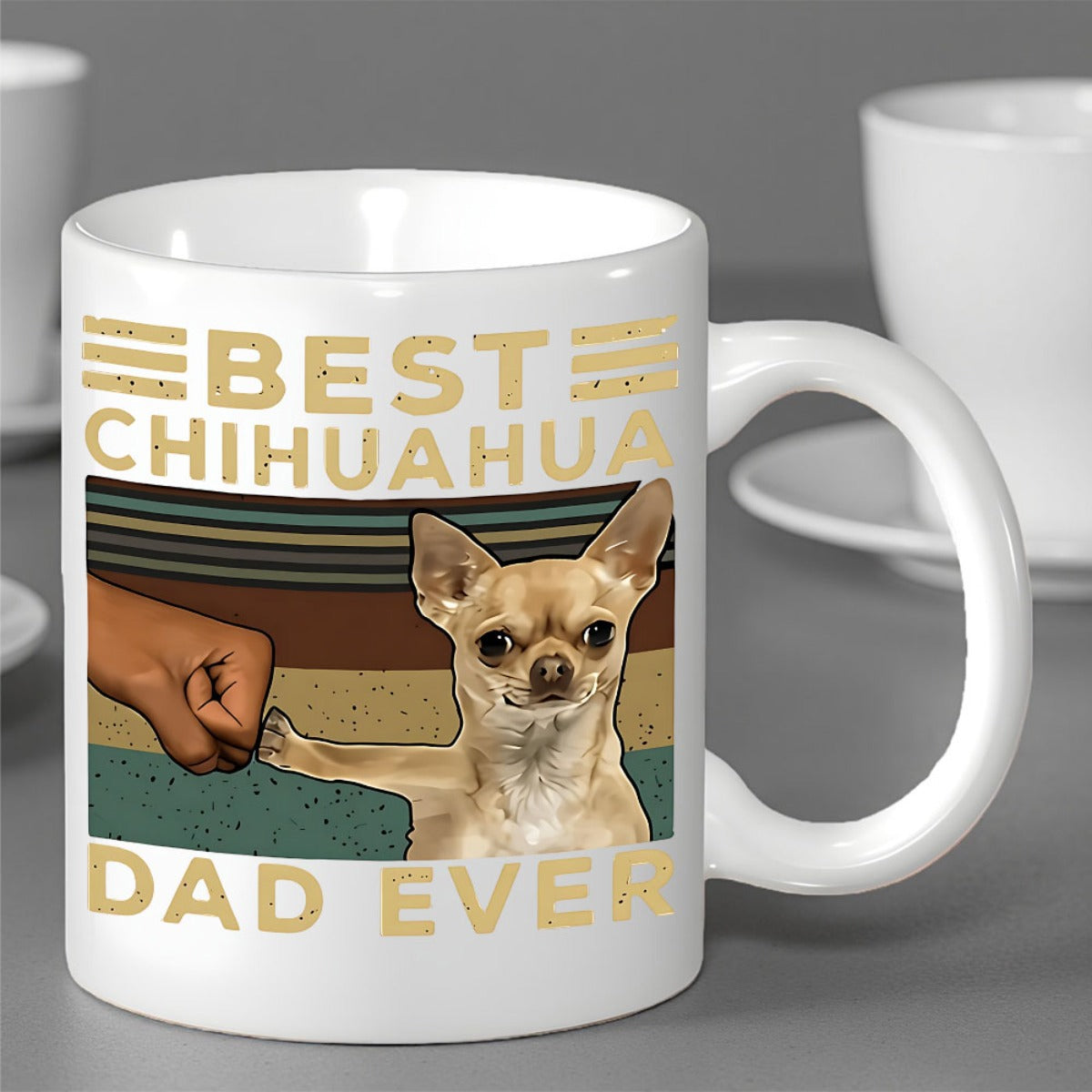 Tailorly White Ceramic 11 oz Mug - Best Chihuahua Dad Ever Retro Vintage Sunset Backdrop With Human Hand And Puppy Fist Bump Chihuahua