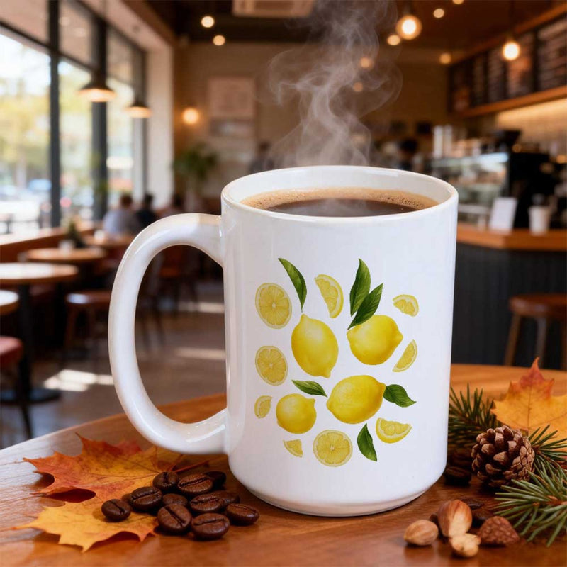 Tailorly White Ceramic 11 oz Mug - Vibrant Yellow Fruit Slices And Green Leaves On