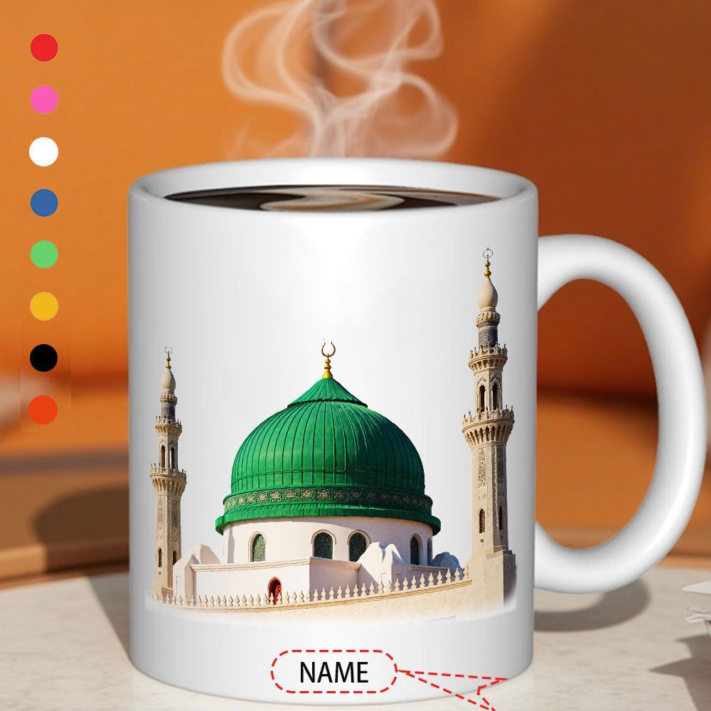 Tailorly White Ceramic 11 oz Mug - Iconic Green Dome And Minarets Among Sacred Architecture Mosque