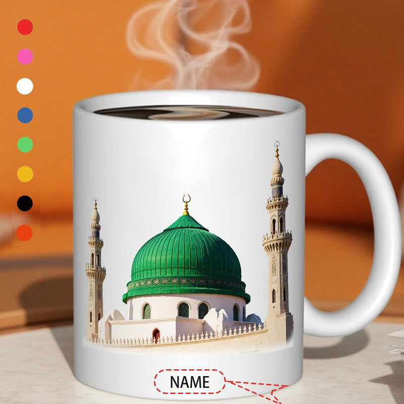 Tailorly White Ceramic 11 oz Mug - Iconic Green Dome And Minarets Among Sacred Architecture Mosque