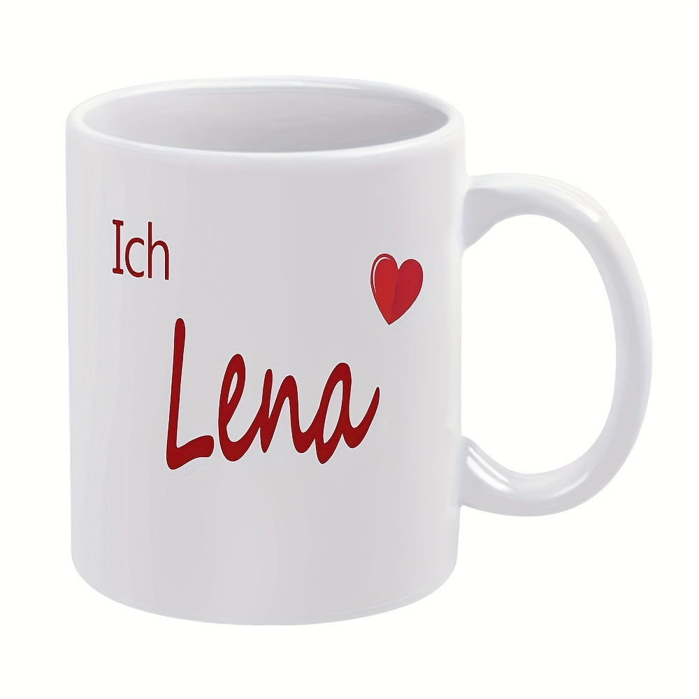 Tailorly White Ceramic 11 oz Mug - Lena Elegant Script Lettering Accompanied By A Small Red Romantic Symbol Heart