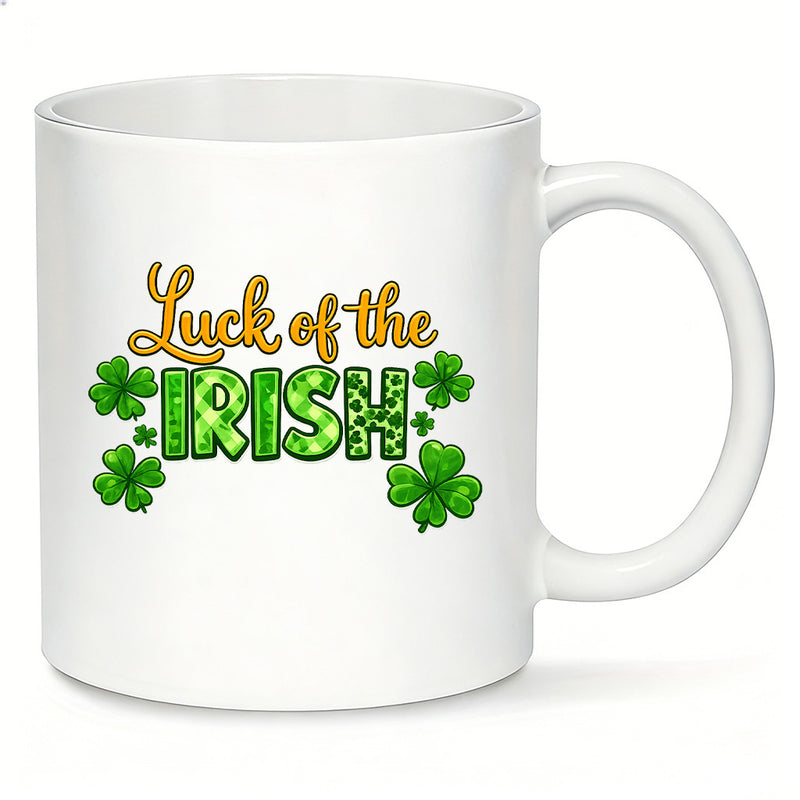 Tailorly White Ceramic 11 oz Mug - Luck Of The Irish Festive Green Shamrocks Scattered Around Vibrant Checkered Patterned Text Shamrock