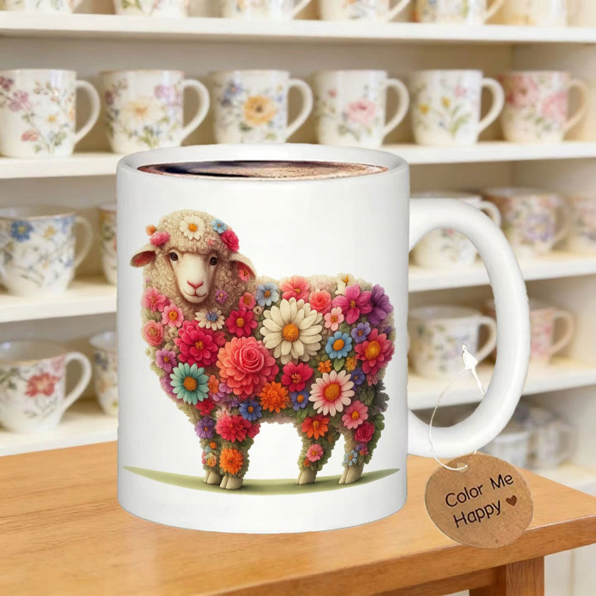 Tailorly White Ceramic 11 oz Mug - Color Me Happy Vibrant Colorful Flowers Covering A Fluffy Woolly Standing Cute Sheep