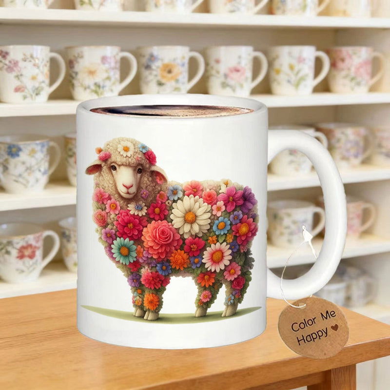 Tailorly White Ceramic 11 oz Mug - Color Me Happy Vibrant Colorful Flowers Covering A Fluffy Woolly Standing Cute Sheep
