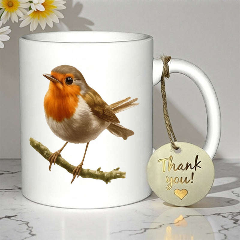 Tailorly White Ceramic 11 oz Mug - Thank You Realistic European Robin With Orange Breast Perched Peacefully Upon A Slender Branch Robin