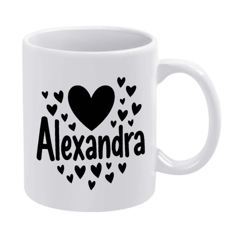 Tailorly White Ceramic 11 oz Mug - Alexandra Minimalist Black Hearts Scattered Artistically Around A Centered Personal Name Heart