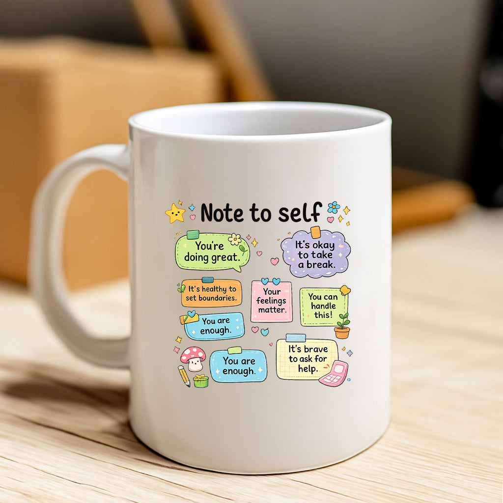Tailorly White Ceramic 11 oz Mug - Note To Self Colorful Speech Bubbles With Cute Stars Mushrooms And Heart Icons Around Note