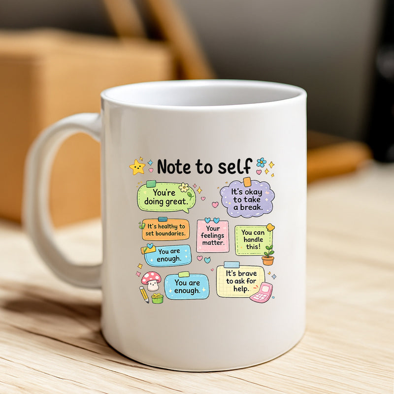 Tailorly White Ceramic 11 oz Mug - Note To Self Colorful Speech Bubbles With Cute Stars Mushrooms And Heart Icons Around Note