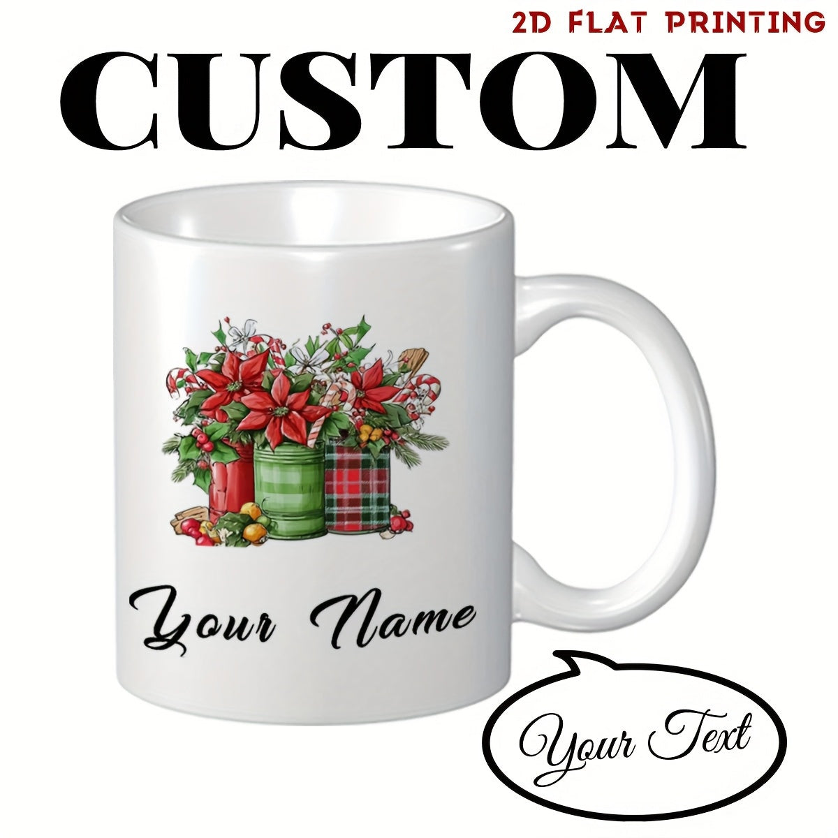 Tailorly White Ceramic 11 oz Mug - Your Name Festive Christmas Poinsettias With Pine Branches Inside Plaid Holiday Themed Jars Mug