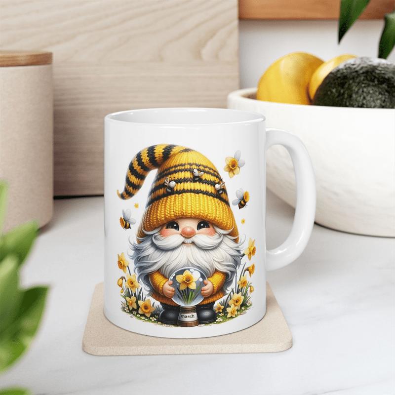 Tailorly White Ceramic 11 oz Mug - Adorable Honey Bee Themed Character Among Vibrant Spring Blossoming Flowers Gnome