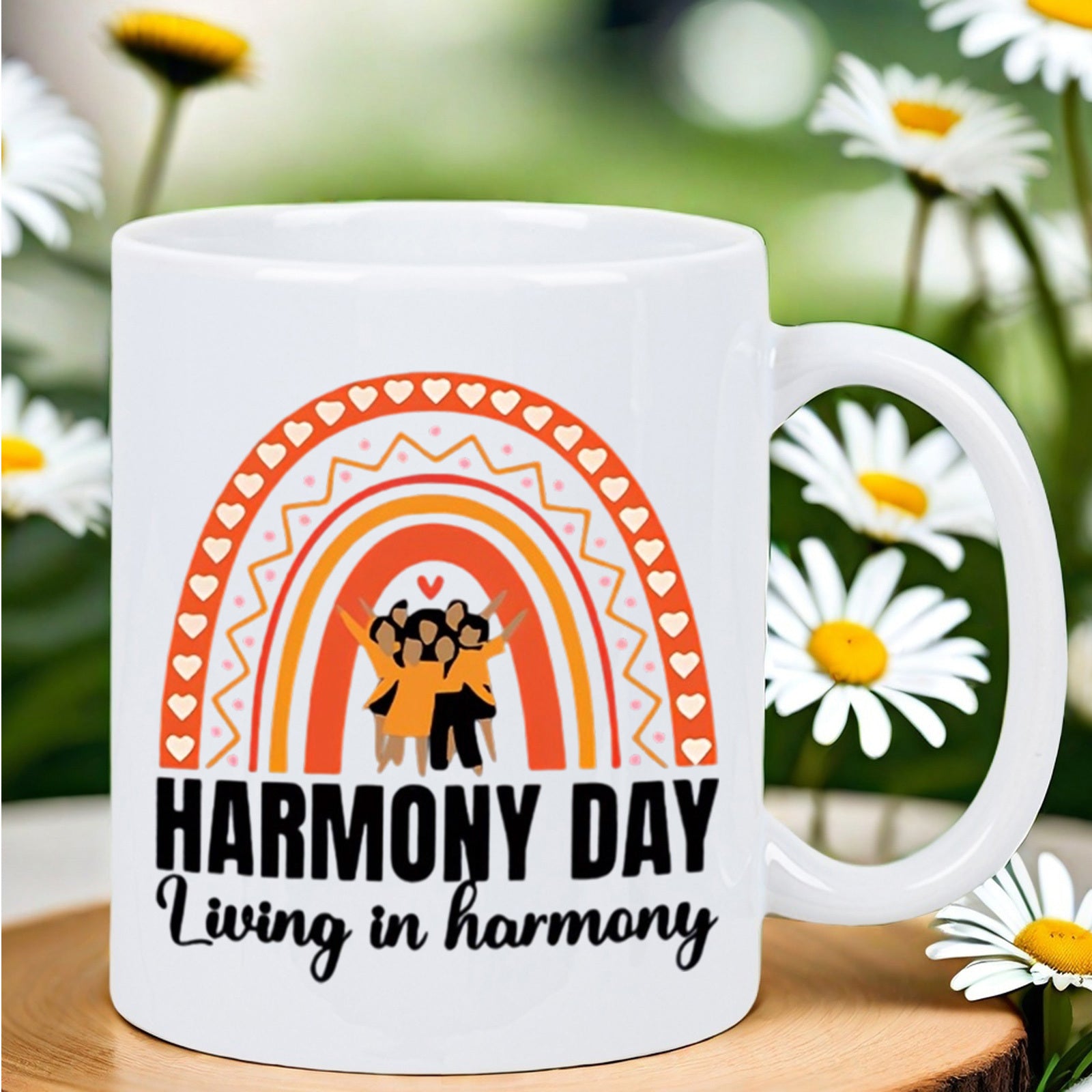 Tailorly White Ceramic 11 oz Mug - Harmony Day Living In Harmony Minimalist Boho Rainbow With Diverse Figures Standing Together Under Hearts Rainbow
