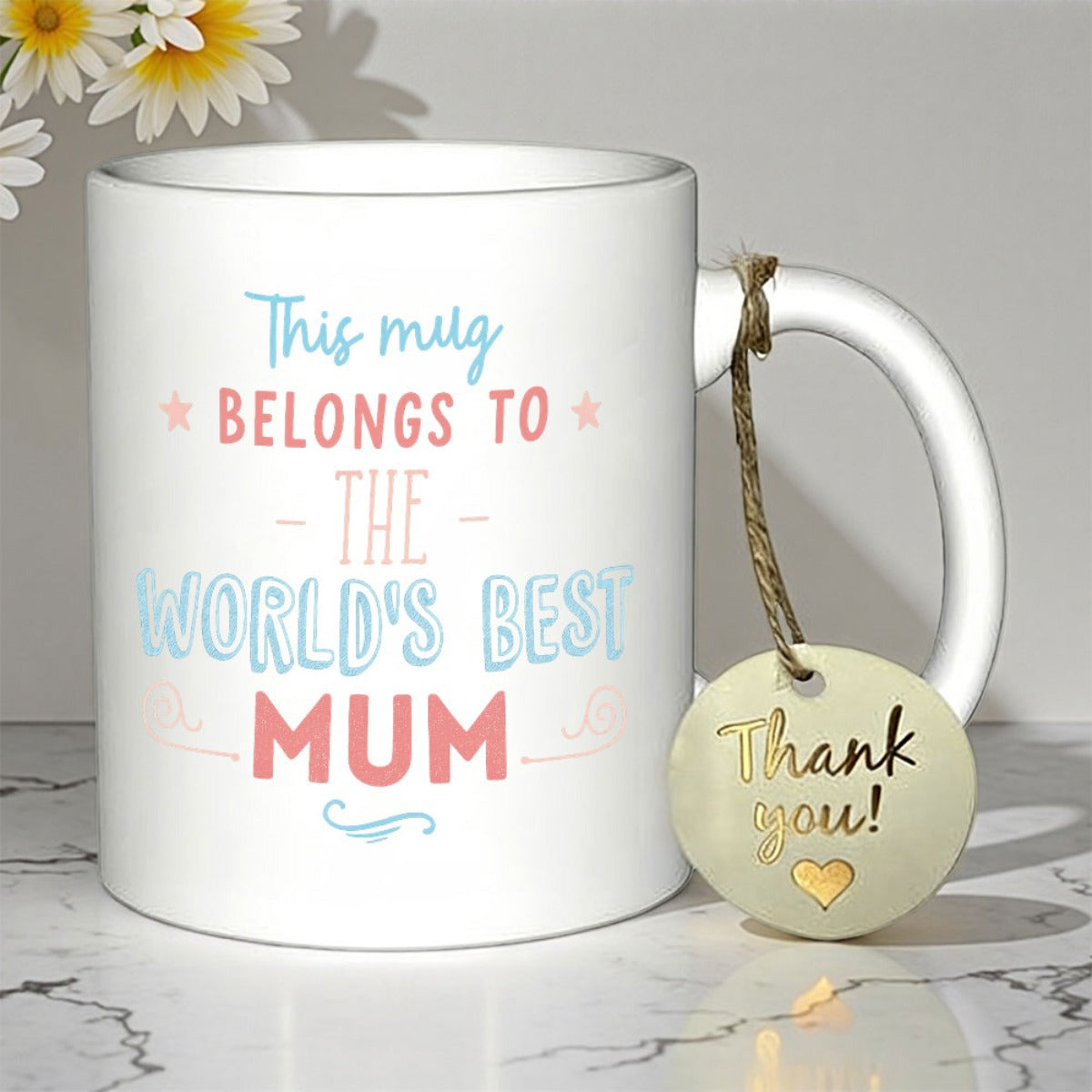 Tailorly White Ceramic 11 oz Mug - This Mug Belongs To The Worlds Best Mum Clean White Ceramic Vessel With Elegant Pastel Typography Mug