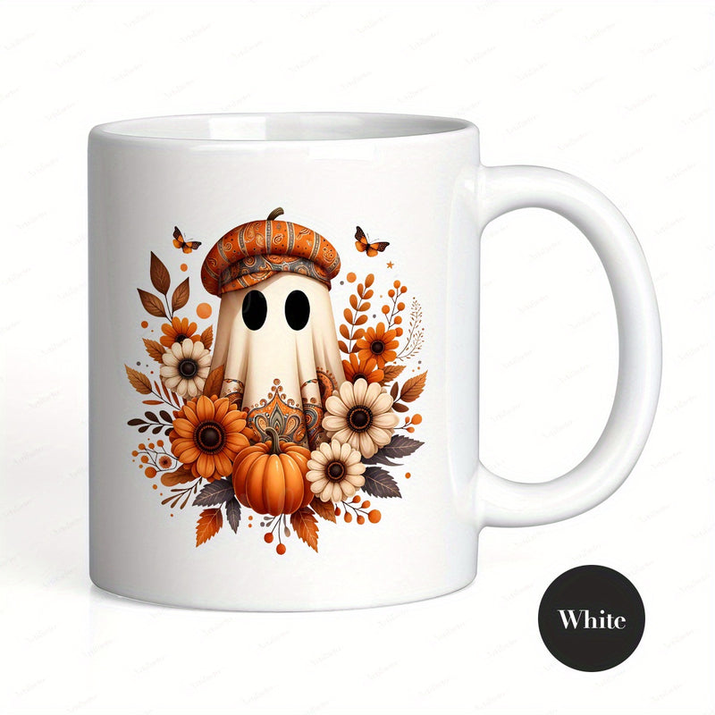 Tailorly White Ceramic 11 oz Mug - Cute Autumnal Spirit Wearing Beret Among Sunflowers And Small Pumpkins Ghost