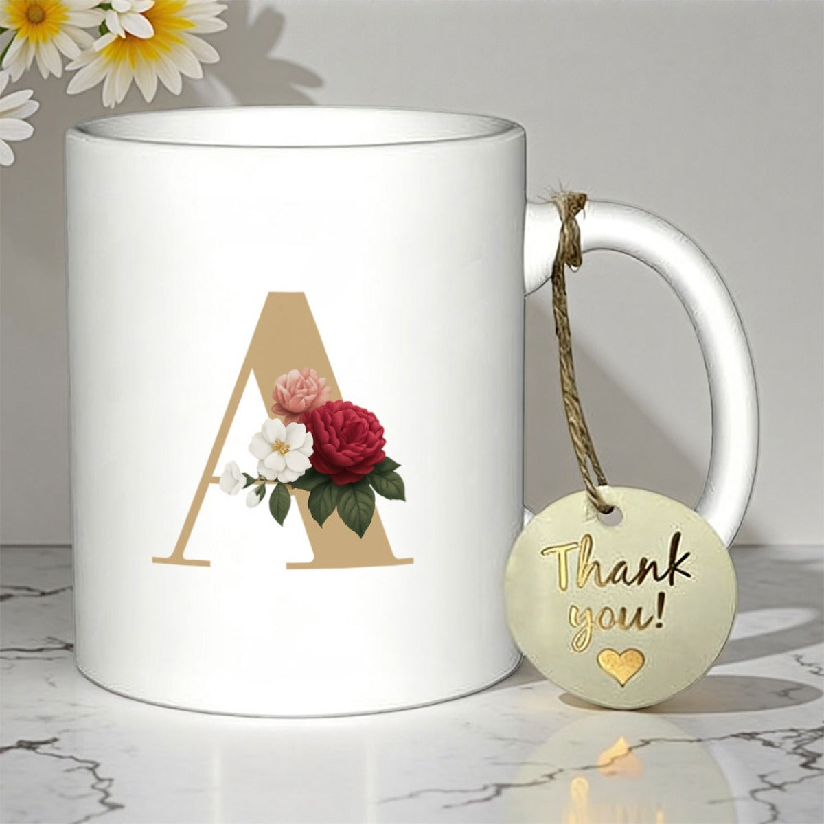 Tailorly White Ceramic 11 oz Mug - A Thank You Elegant Gold Monogram Letter Decorated With Red And Pink Rose