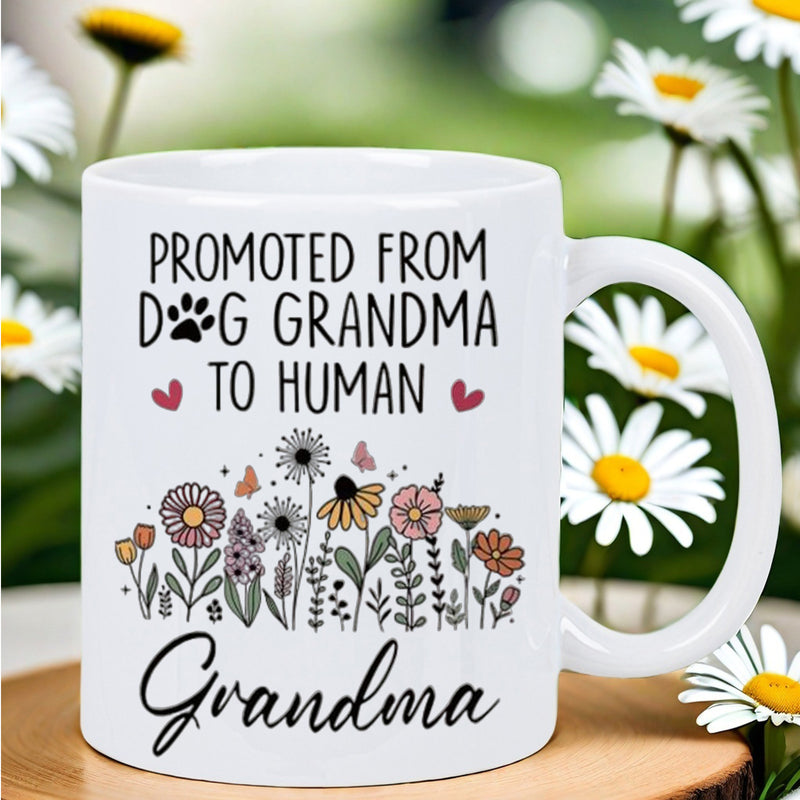 Tailorly White Ceramic 11 oz Mug - Promoted From Dog Grandma To Human Grandma Blooming Colorful Wildflowers Beneath Elegant Script And Playful Flying Butterflies