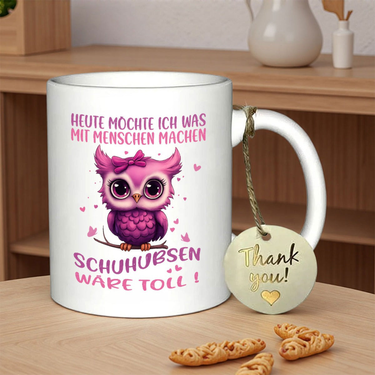 Tailorly White Ceramic 11 oz Mug - Thank You Adorable Purple Cartoon Bird With Big Eyes And Pink Bow Owl