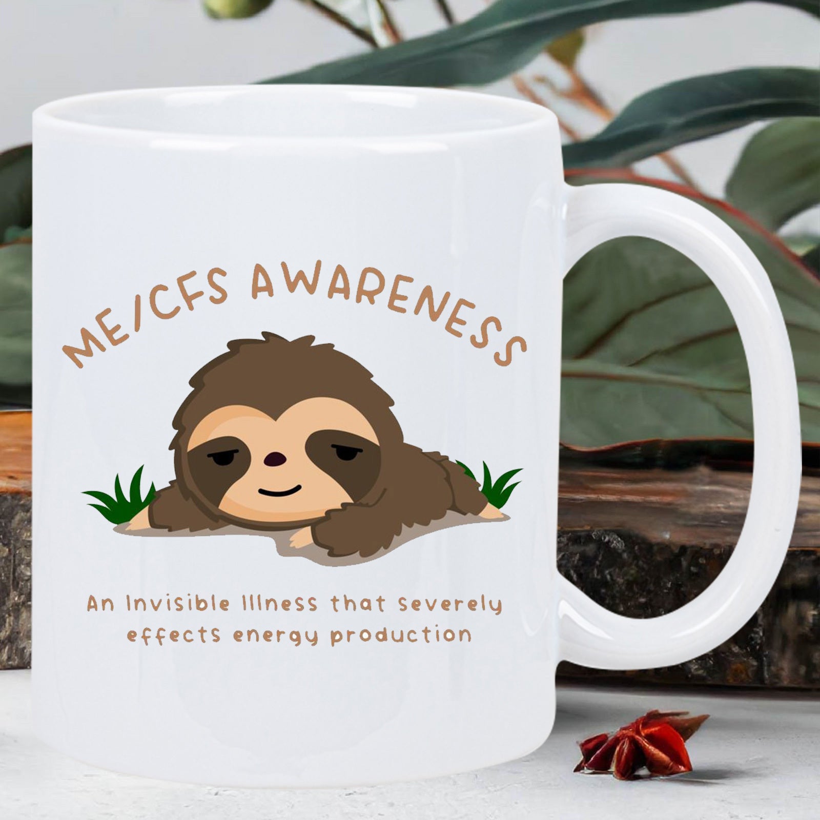 Tailorly White Ceramic 11 oz Mug - Me Cfs Awareness An Invisible Illness That Severely Effects Energy Production Cute Sleeping Animal Resting Peacefully In A Lush