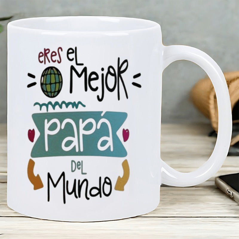 Tailorly White Ceramic 11 oz Mug - Hand Drawn Decorative Banner Surrounded By Artistic Elements And Hearts Globe