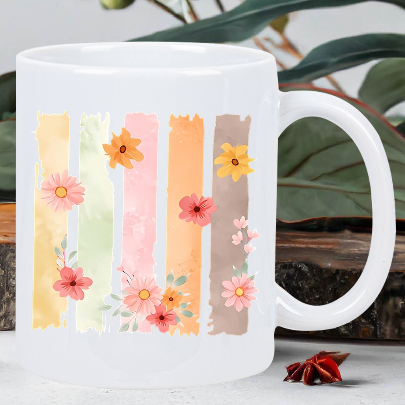 Tailorly White Ceramic 11 oz Mug - Vibrant Pastel Brush Strokes With Delicate Blooming Garden Styled Flower