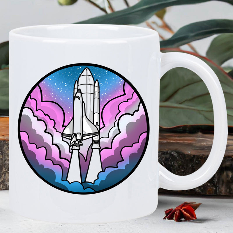 Tailorly White Ceramic 11 oz Mug - Vibrant Galactic Clouds Surrounding A Majestic Soaring Space Shuttle Rocket