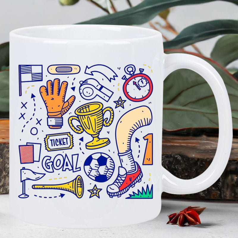 Tailorly White Ceramic 11 oz Mug - Goal Ticket Diverse Hand Drawn Sporting Elements Featuring Trophy And Dynamic Boot Soccer