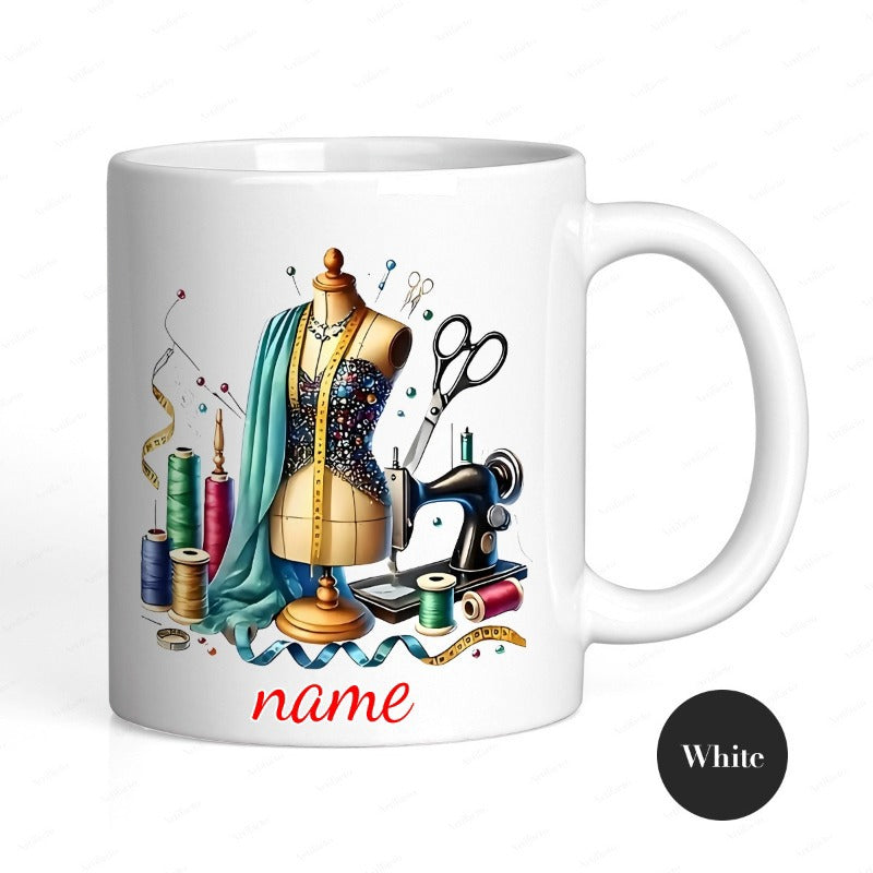 Tailorly White Ceramic 11 oz Mug - Name Elegant Sewing Tools With Colorful Thread Spools And Vintage Fabric Mannequin