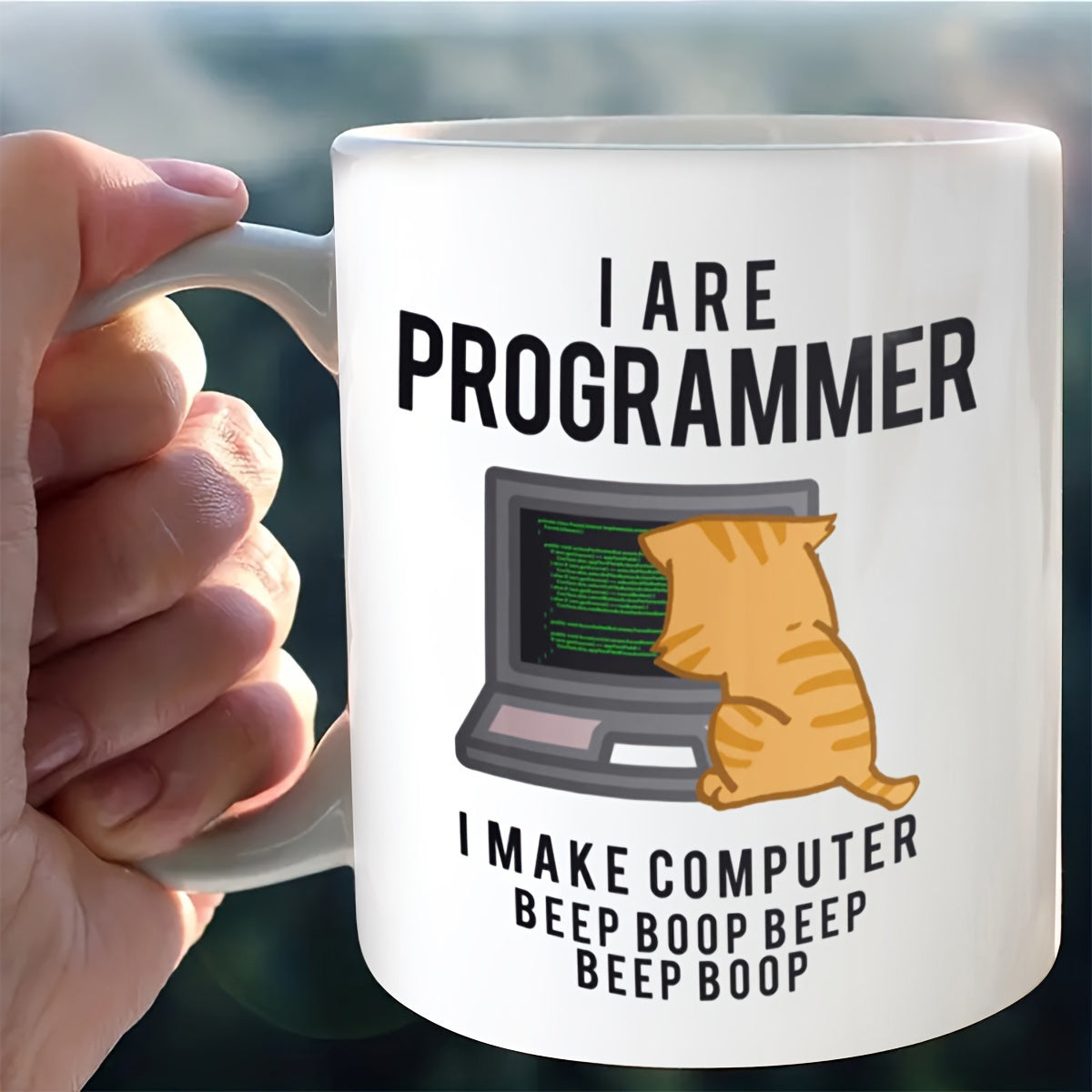 Tailorly White Ceramic 11 oz Mug - I Are Programmer I Make Computer Beep Boop Beep Beep Boop Small Orange Tabby Sitting In Front Of A Vintage Computer Monitor Cat