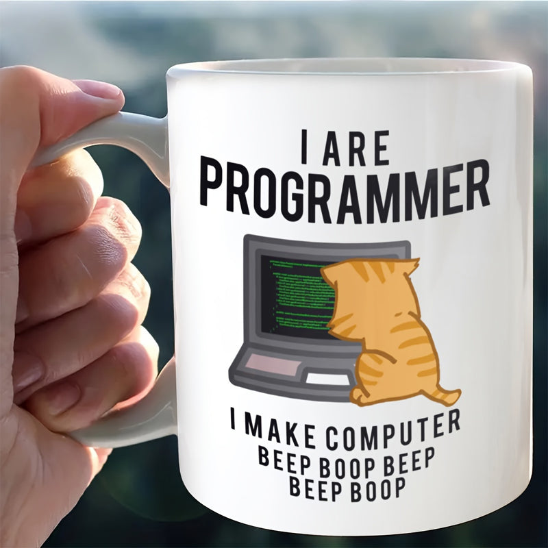 Tailorly White Ceramic 11 oz Mug - I Are Programmer I Make Computer Beep Boop Beep Beep Boop Small Orange Tabby Sitting In Front Of A Vintage Computer Monitor Cat