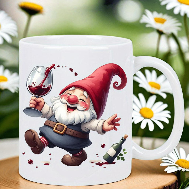 Tailorly White Ceramic 11 oz Mug - Whimsical Garden Gnome Holding A Splashing Red Wine Glass Joyfully Dancing Gnome