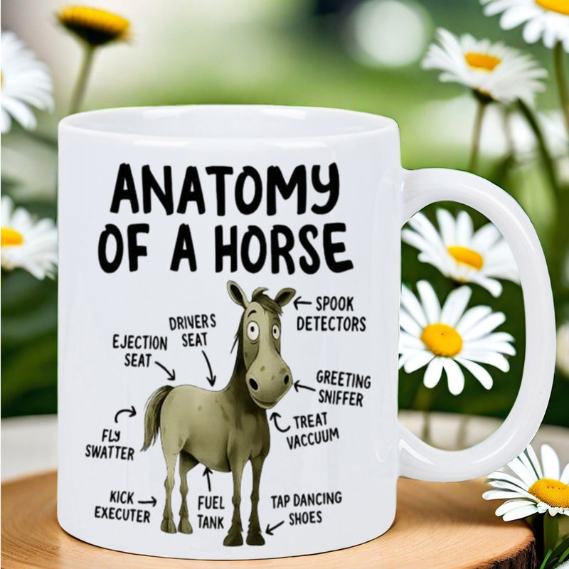Tailorly White Ceramic 11 oz Mug - Anatomy Of A Horse Cartoon Horse With Humorous Labels Standing On A Clean Horse