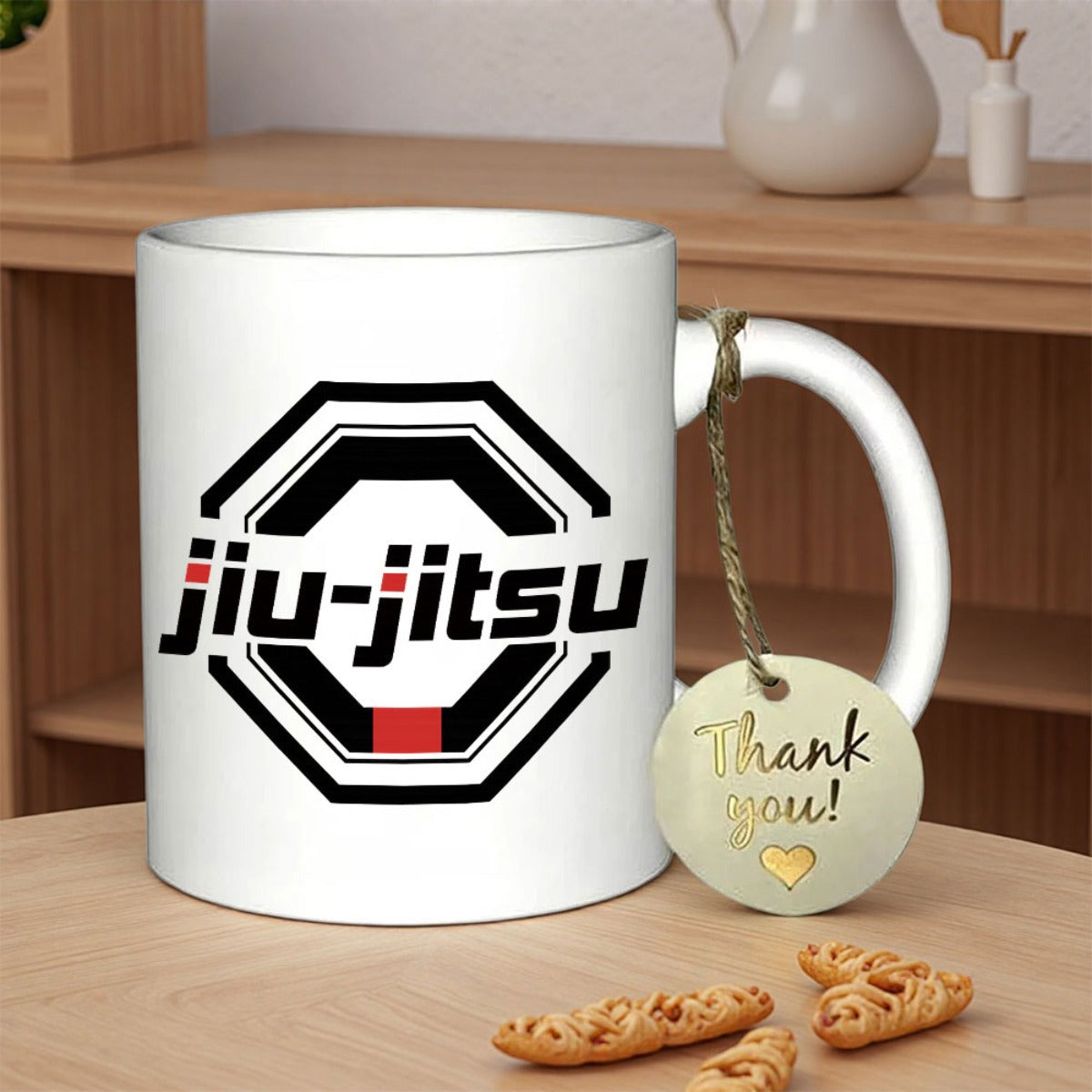 Tailorly White Ceramic 11 oz Mug - Jiu Jitsu Bold Black Frame With Stylized Lines Representing Martial Arts Octagon