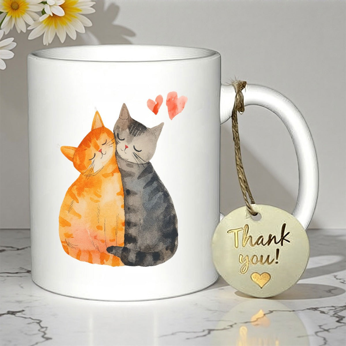 Tailorly White Ceramic 11 oz Mug - Thank You Watercolor Style Orange And Grey Tabby Cats Huddling Together With Hearts Cats