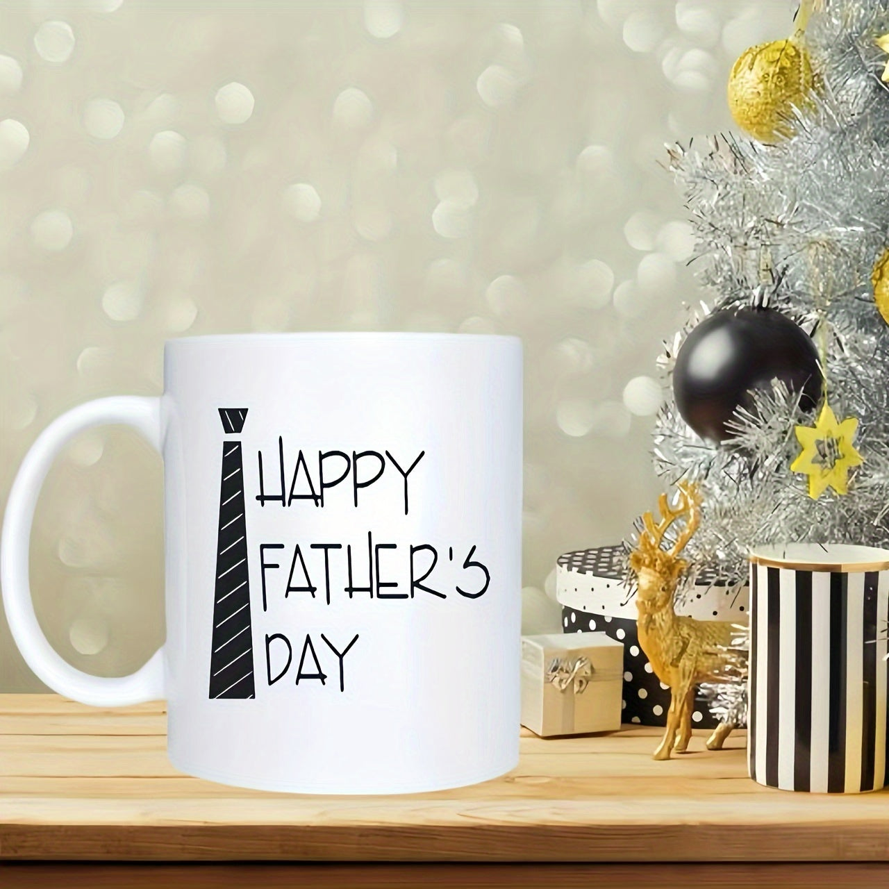 Tailorly White Ceramic 11 oz Mug - Happy Father's Day Minimalist Vertical Striped Accessory For Dads Celebrating Special Day Necktie