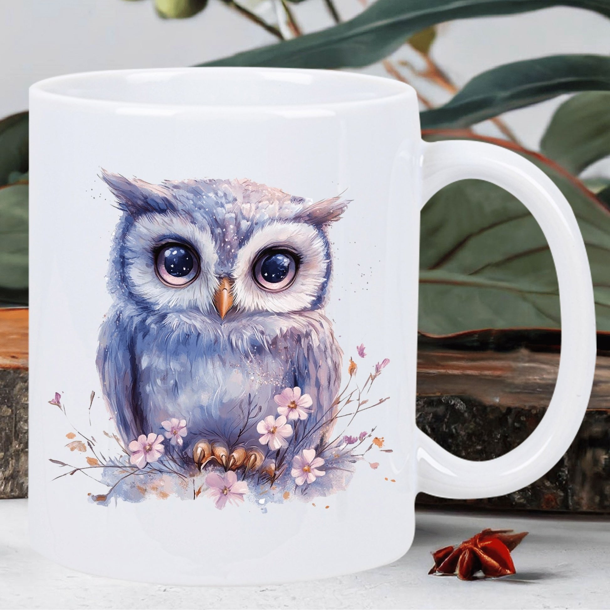 Tailorly White Ceramic 11 oz Mug - Hand Painted Watercolor Purple Bird With Big Eyes Among Tiny Pink Flowers Owl