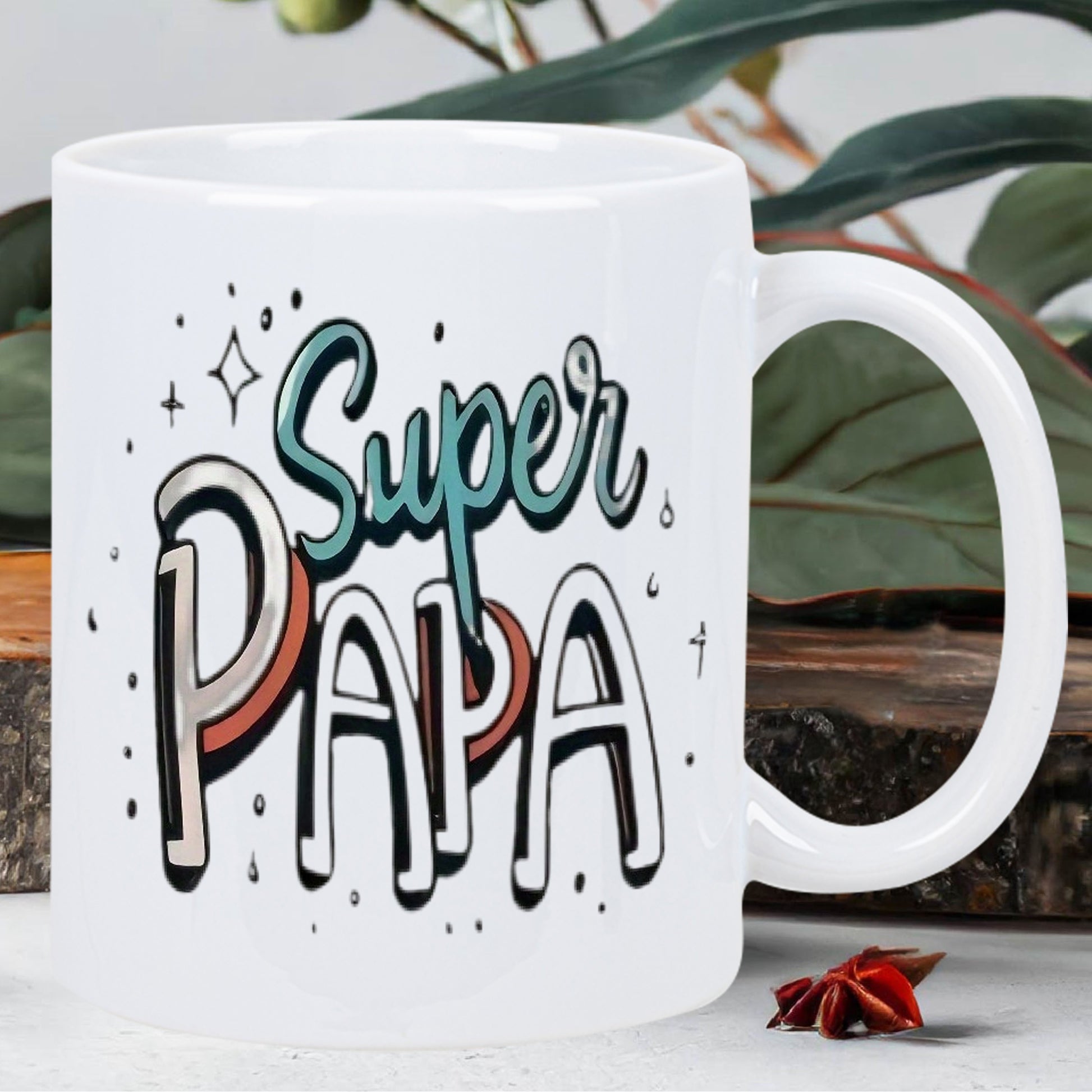 Tailorly White Ceramic 11 oz Mug - Super Papa Artistic Bubble Letters Surrounded By Small Stars And Dainty Droplets Sign