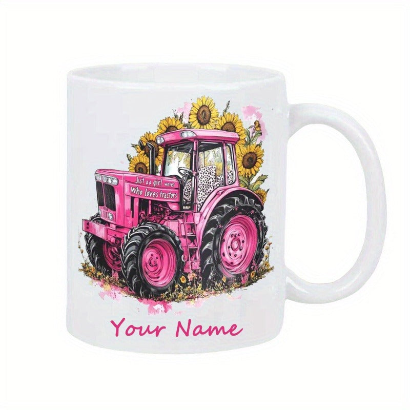 Tailorly White Ceramic 11 oz Mug - Your Name Vibrant Pink Farm Tractor Parked Among Bright Yellow Sunflowers Tractor