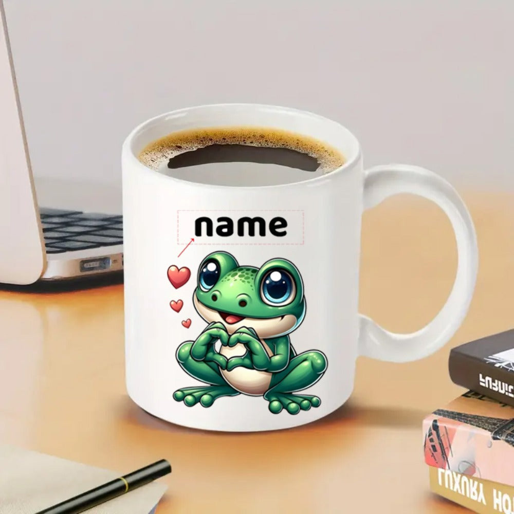 Tailorly White Ceramic 11 oz Mug - Name Adorable Little Green Creature Making Heart Sign With Tiny Hands Small Hearts Frog