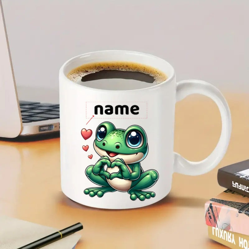 Tailorly White Ceramic 11 oz Mug - Name Adorable Little Green Creature Making Heart Sign With Tiny Hands Small Hearts Frog