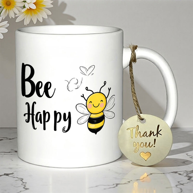 Tailorly White Ceramic 11 oz Mug - Bee Happy Adorable Smiling Cartoon Bumblebee Surrounded By Small Delicate Floating Hearts Bee