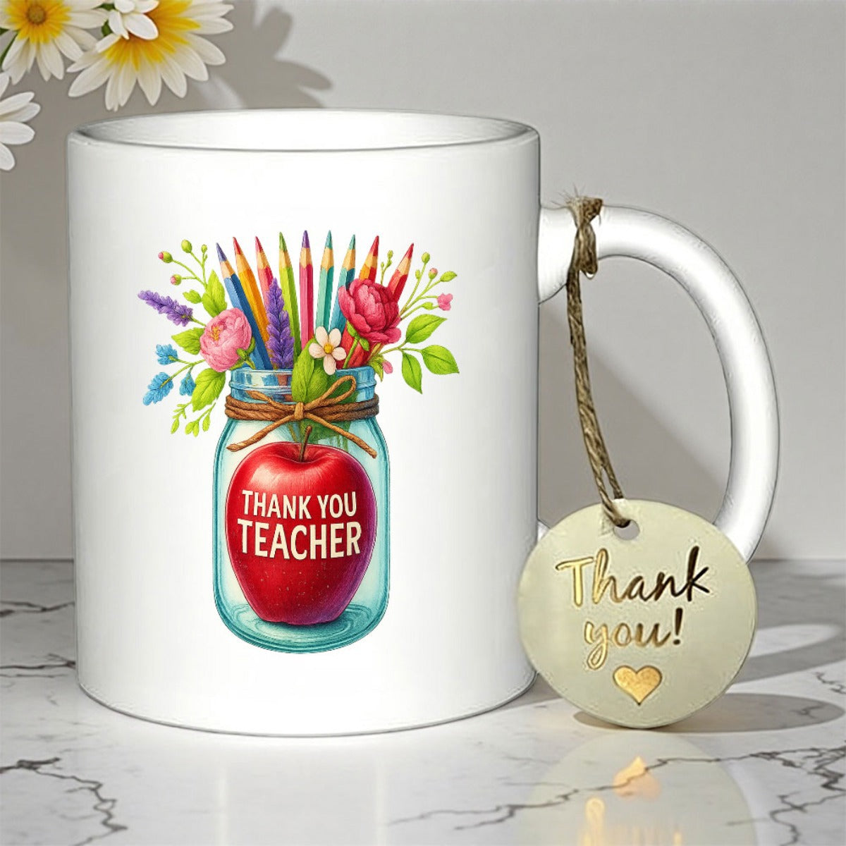 Tailorly White Ceramic 11 oz Mug - Thank You Teacher Vibrant Colored Pencils And Blooming Roses Inside A Clear Glass Jar