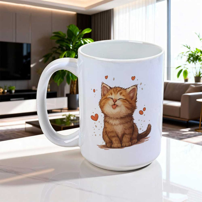 Tailorly White Ceramic 11 oz Mug - Adorable Ginger Kitten Smiling With Tiny Red Hearts Floating Around Cat