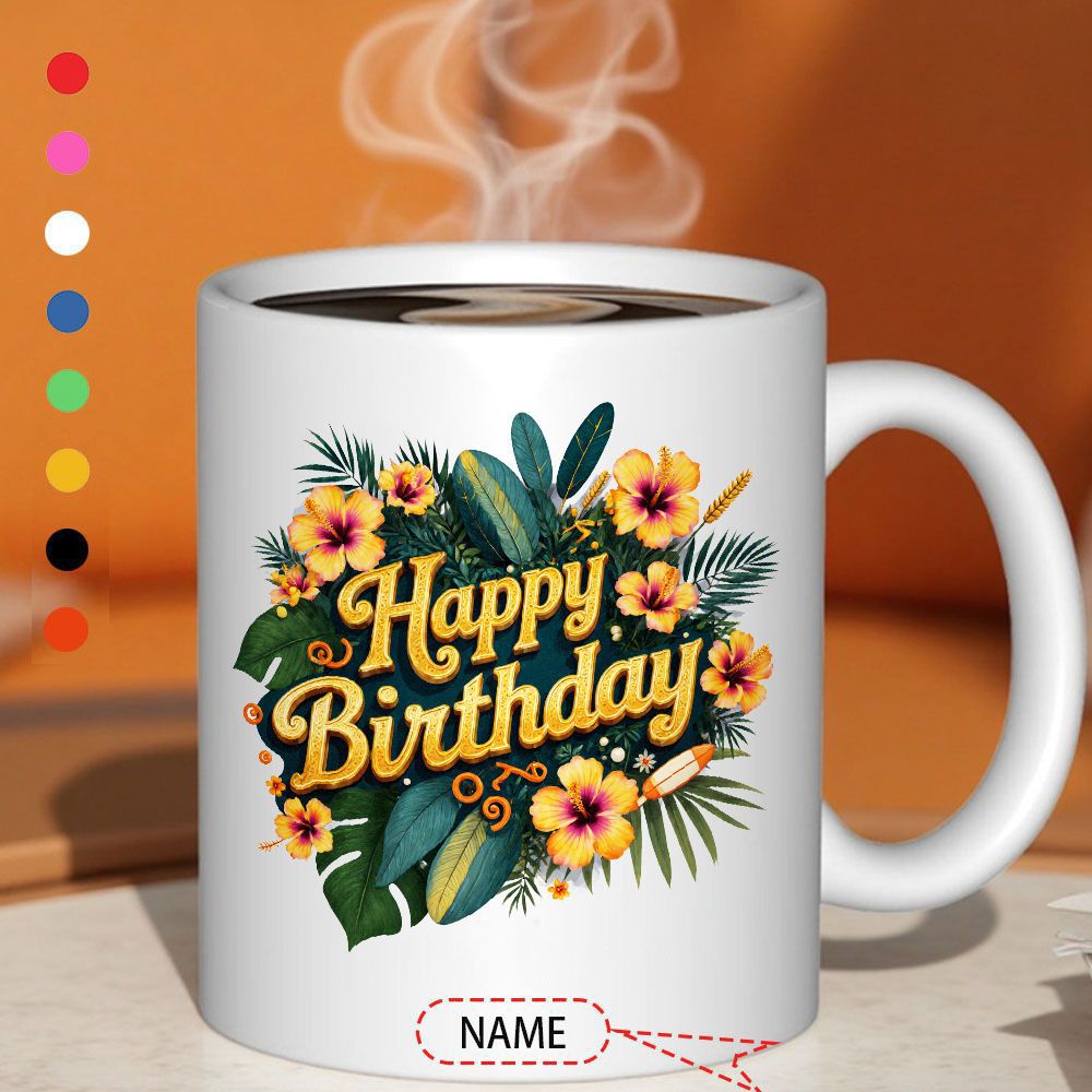 Tailorly White Ceramic 11 oz Mug - Happy Birthday Tropical Hibiscus Flowers And Lush Green Palm Leaves Nestled Together Mug