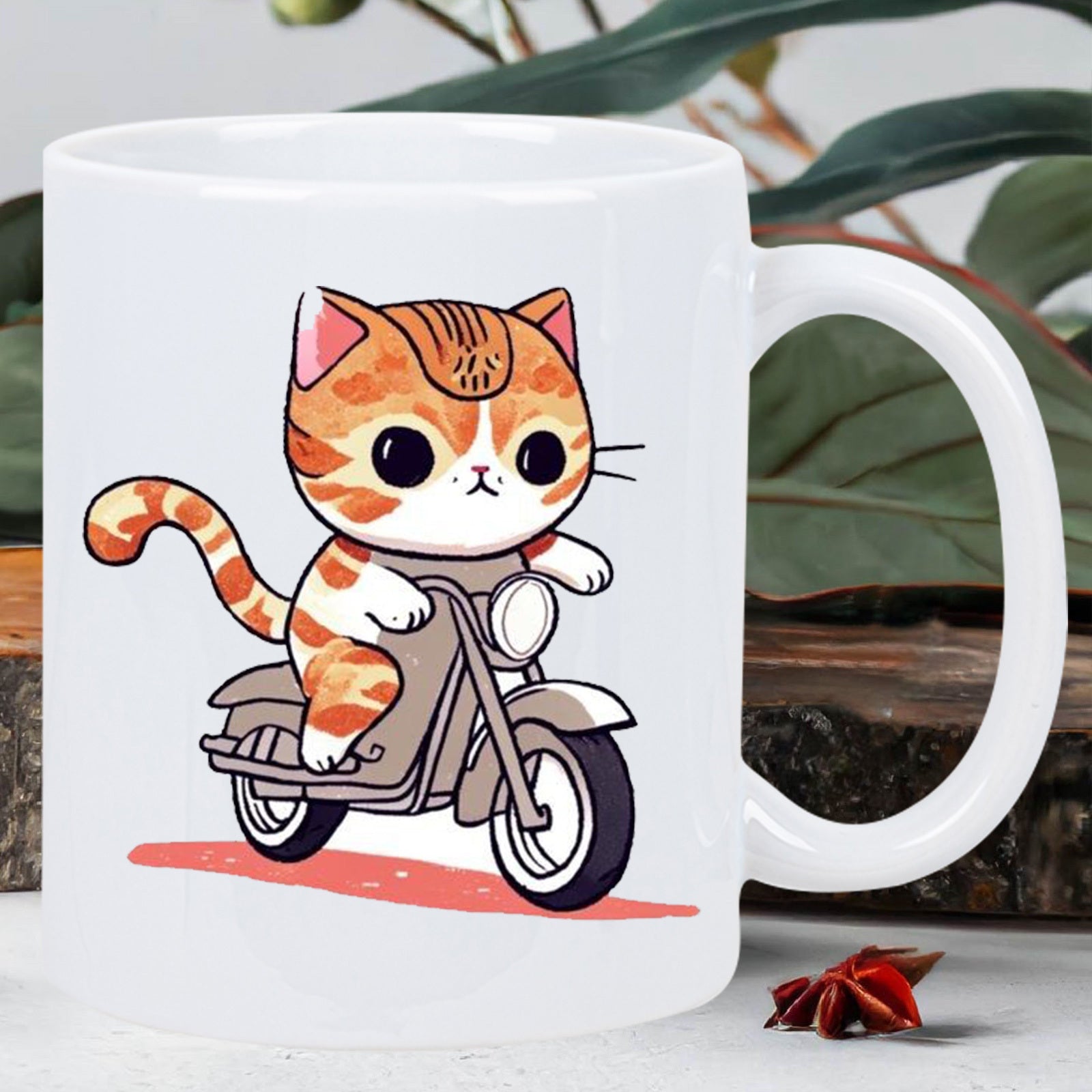 Tailorly White Ceramic 11 oz Mug - Cute Ginger Tabby Kitten Riding A Classic Retro Motorized Scooter Cat