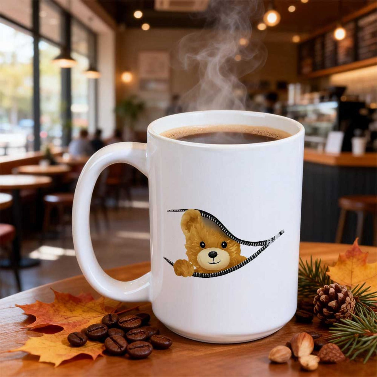 Tailorly White Ceramic 11 oz Mug - Adorable Brown Plush Teddy Peeking Through A Horizontal Dark Cracked Opening Bear