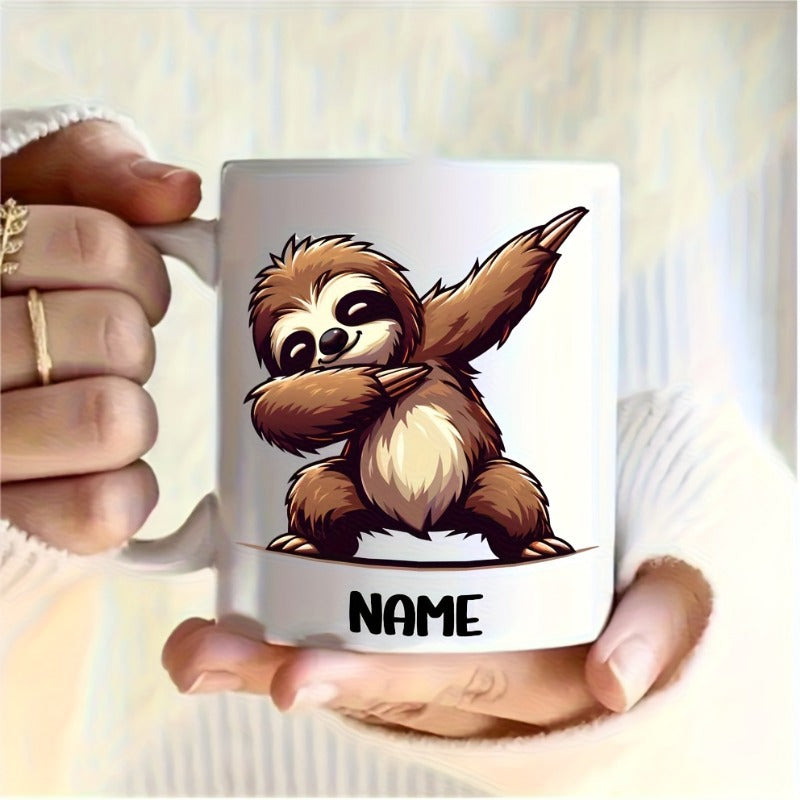 Tailorly White Ceramic 11 oz Mug - Name Funny Brown Furry Sloth Performing A Dabbing Dance Move Sloth