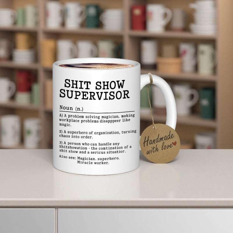 Tailorly White Ceramic 11 oz Mug - Shit Show Supervisor Minimalist White Ceramic With Bold Black Dictionary Text Layout Mug