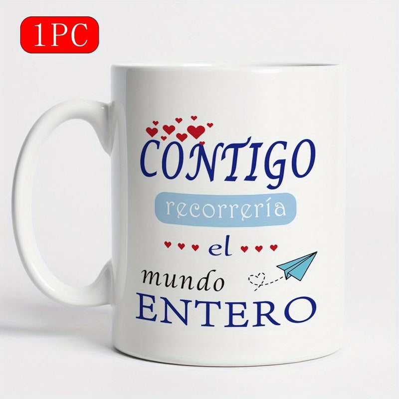 Tailorly White Ceramic 11 oz Mug - Sweet Romantic Blue Paper Airplane Soaring Among Floating Red Hearts Airplane