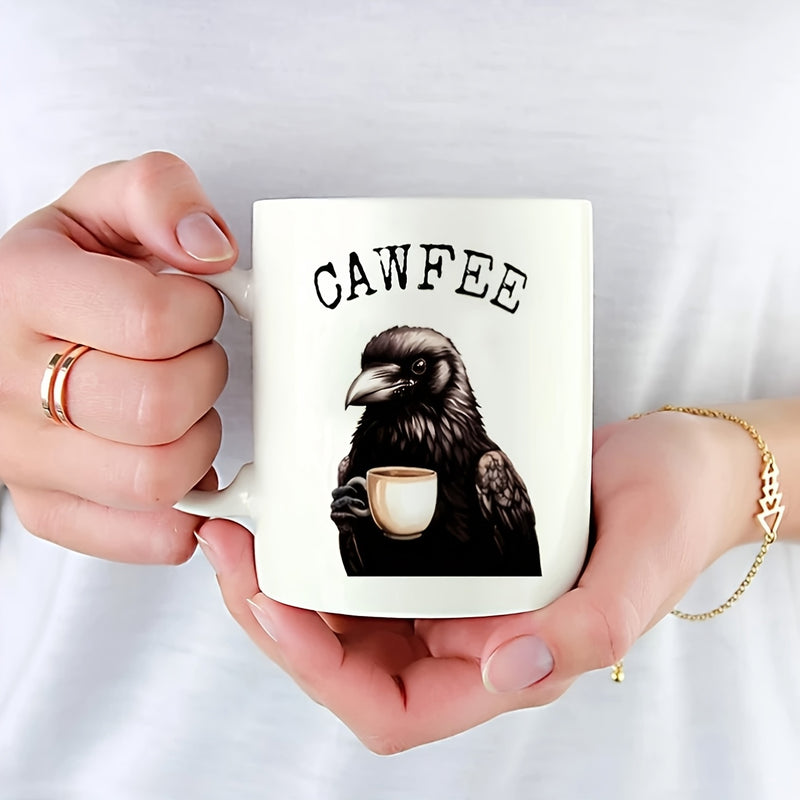 Tailorly White Ceramic 11 oz Mug - Cawfee Intelligent Dark Raven Clutching A Warm Steaming Morning Mug Of Coffee Raven