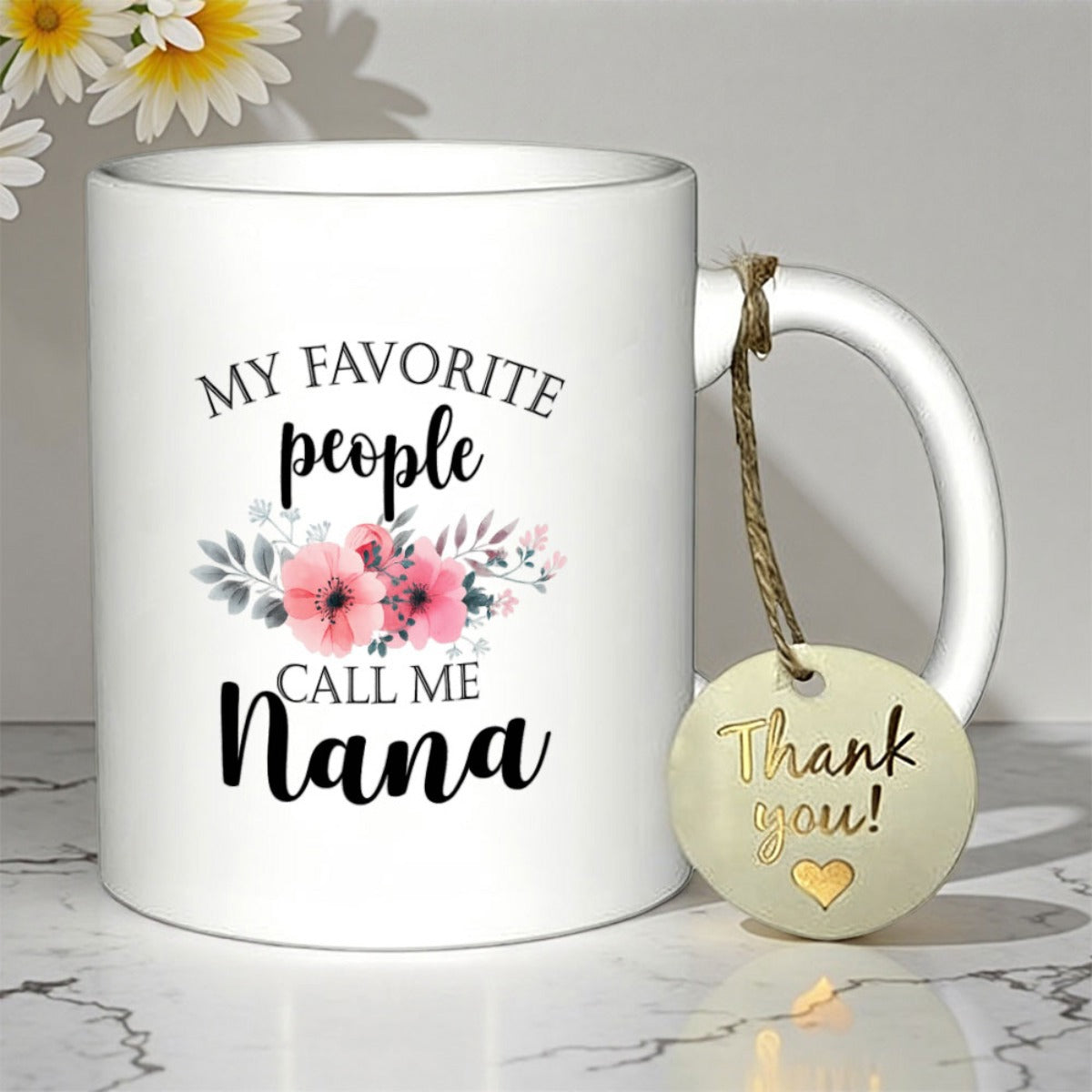 Tailorly White Ceramic 11 oz Mug - My Favorite People Call Me Nana Soft Pink Watercolor Flowers With Elegant Leaves Below Graceful Script Mug